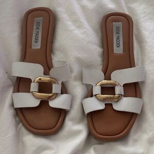 Steve Madden White Slide Sandals with Gold Buckle
